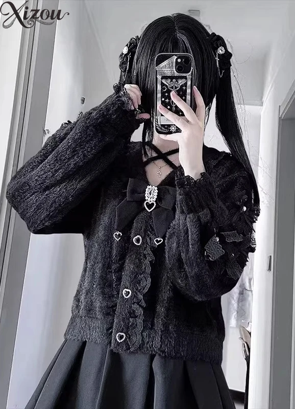 

Academy 2026 Autumn Winter Mine Y2K Lolita Two-Piece Set Jirai Kei Black Heart Button Bow Knitted Cardigan Sweater Skirt Outfit