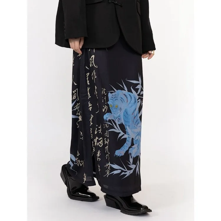 Nieuwe Chinese Stijl Zwarte Bamboe Print Rok Voor Vrouwen Y 2K Hoge Taille Split Rokken 2024 Zomer Mid-Length Faldas Mujer