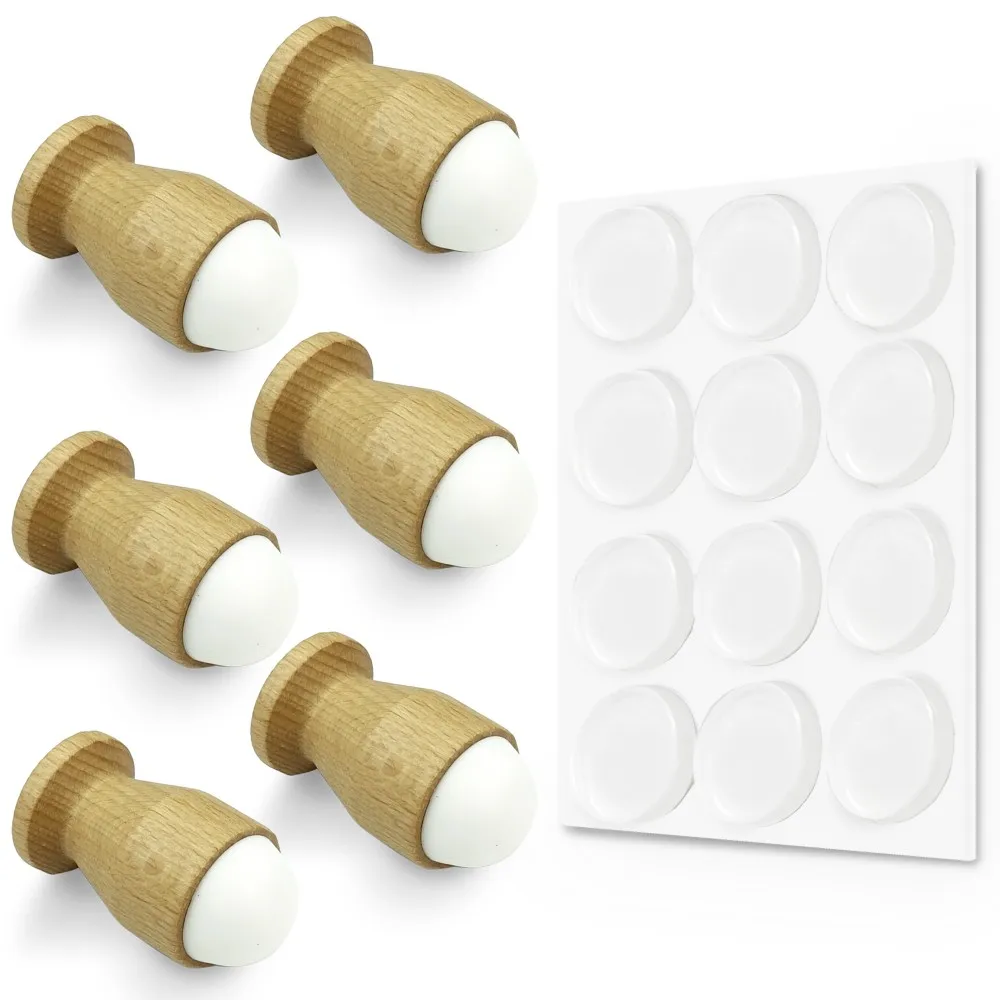 

Door Stop Set Beech 6 Pieces and Self-Adhesive Transparent Damper 12 Pieces for Wall, Floor and Furniture Protector