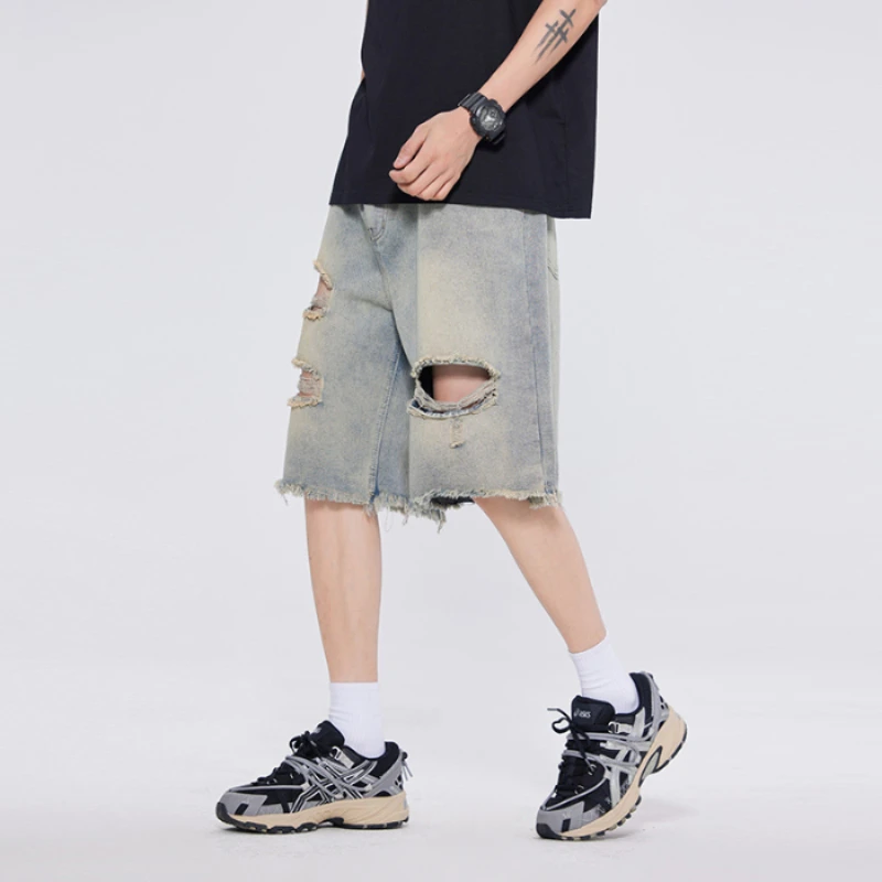 New Summer Straight Ripped Jeans larghi da uomo Hole moda coreana Casual pantaloncini di Jeans larghi maschili Streetwear Y2k abbigliamento