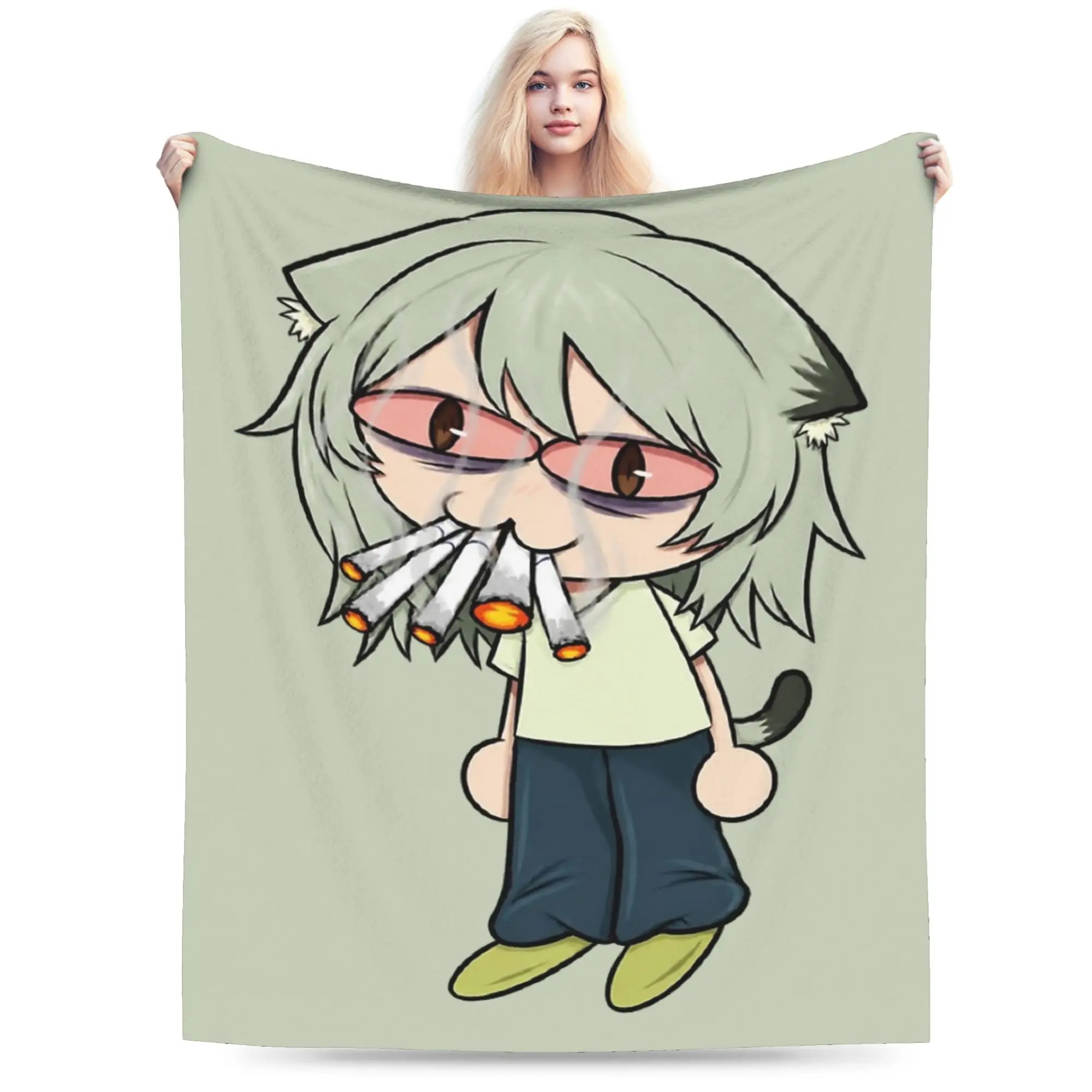 Chainsmoker Cat Yani Neko Anime Blanket Velvet Print  Multi-function Warm Throw Blankets for Home Outdoor Plush Thin Quilt