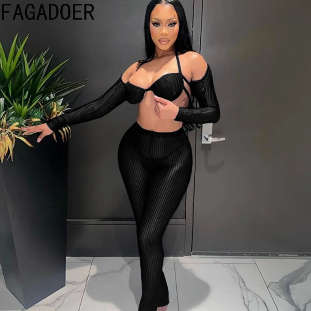 

FAGADOER Sexy Solid Knitting Skinny Pants Two Piece Sets Women Low-cut Long Sleeve Crop Top Pants Outfits Female 2pcs Clothing