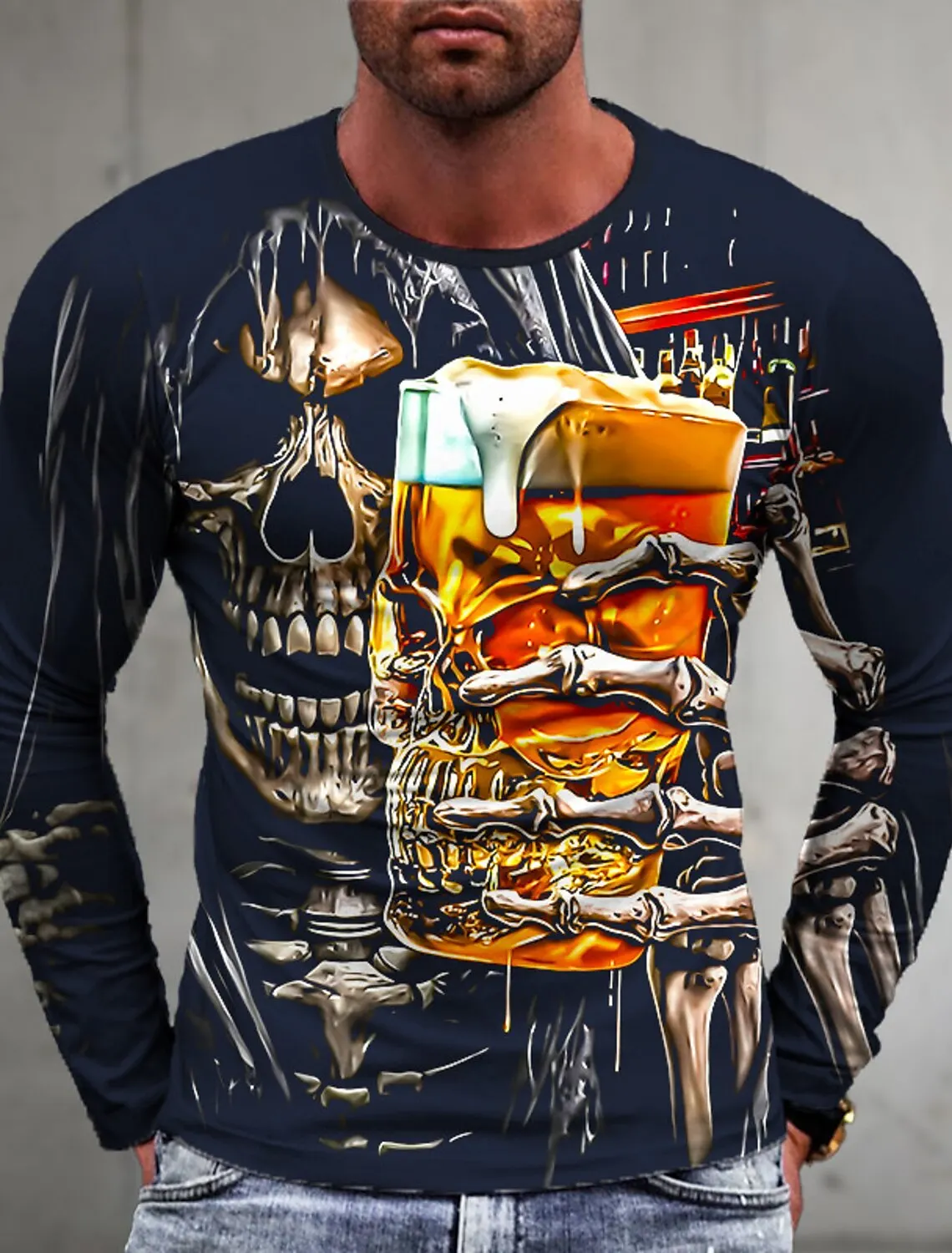 3D Men\'s Long Sleeve 3D Skull Clinker Casual Sports Fitness Retro Classic Long Sleeve Outdoor Sports T-Shirt Top Long Sleeve