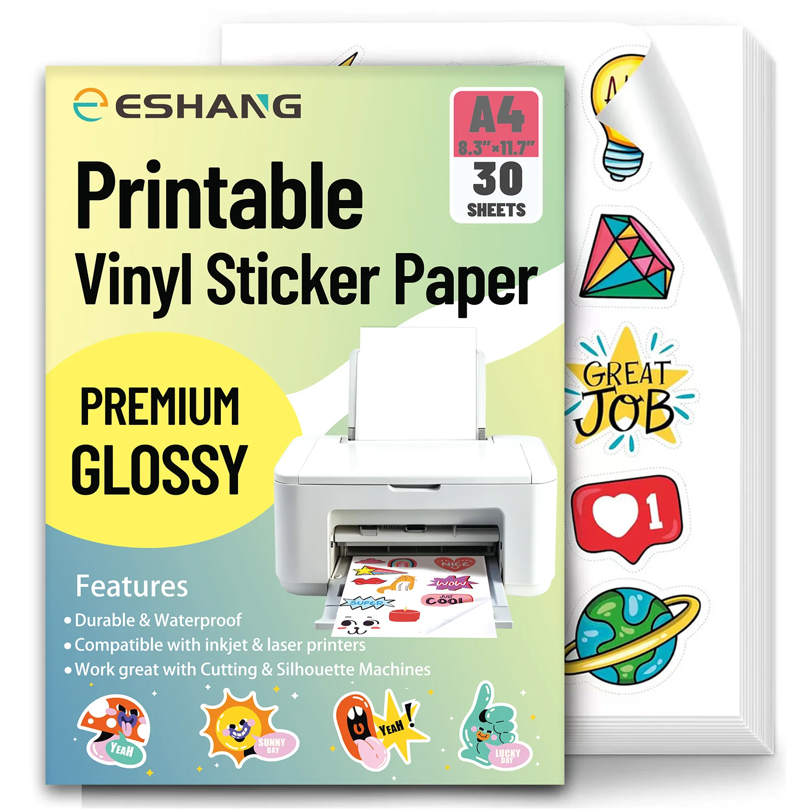 

Glossy Vinyl Sticker Paper 30 Sheets A4 Size Inkjet Printer Printable Self-Adhesive Waterproof 8.3 x 11.7 In DIY Stickers Craft