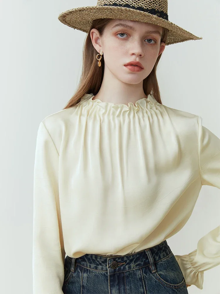 FSLE Elegant Wood Ear Stand Collar Long-sleeved Shirt for Women Spring Autumn French Style Temperament Drape Shirt Female