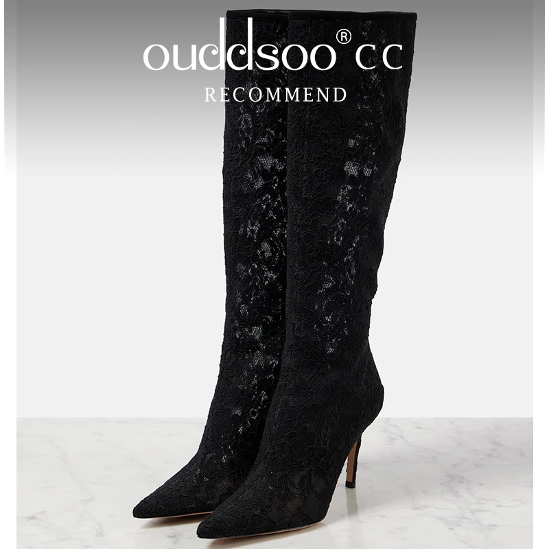 

Ods Women's Black Lace Knee-high Boots Air Mesh Pointed Toe Thin High Heels Summer Boots British Style Breathable Modern Boots46