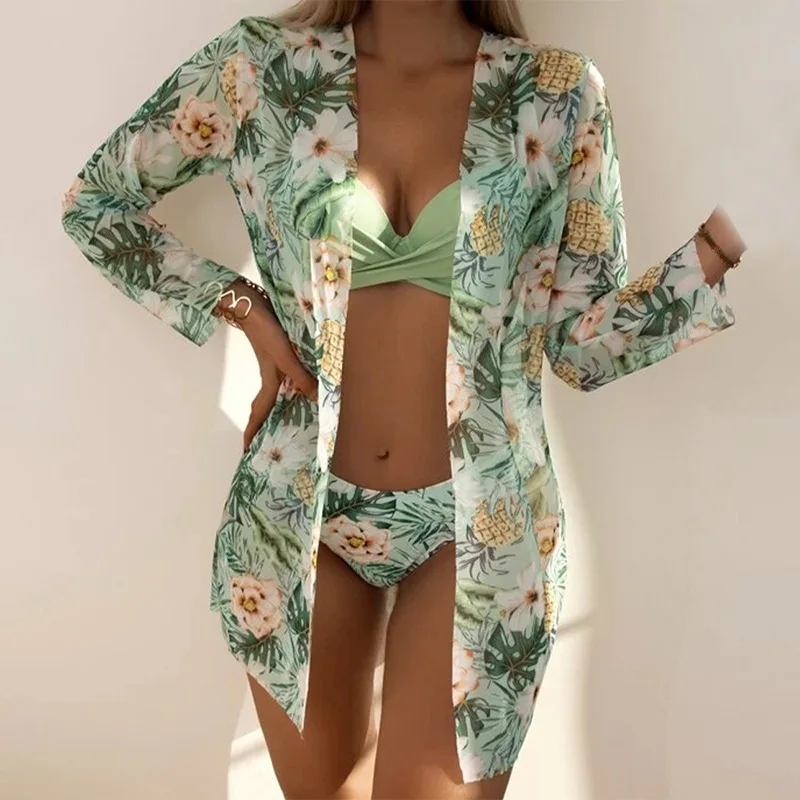 New Swimsuit Floral Bikini Sexy Push-up Blouse Three-Piece Printed Split Swimsuit for Women