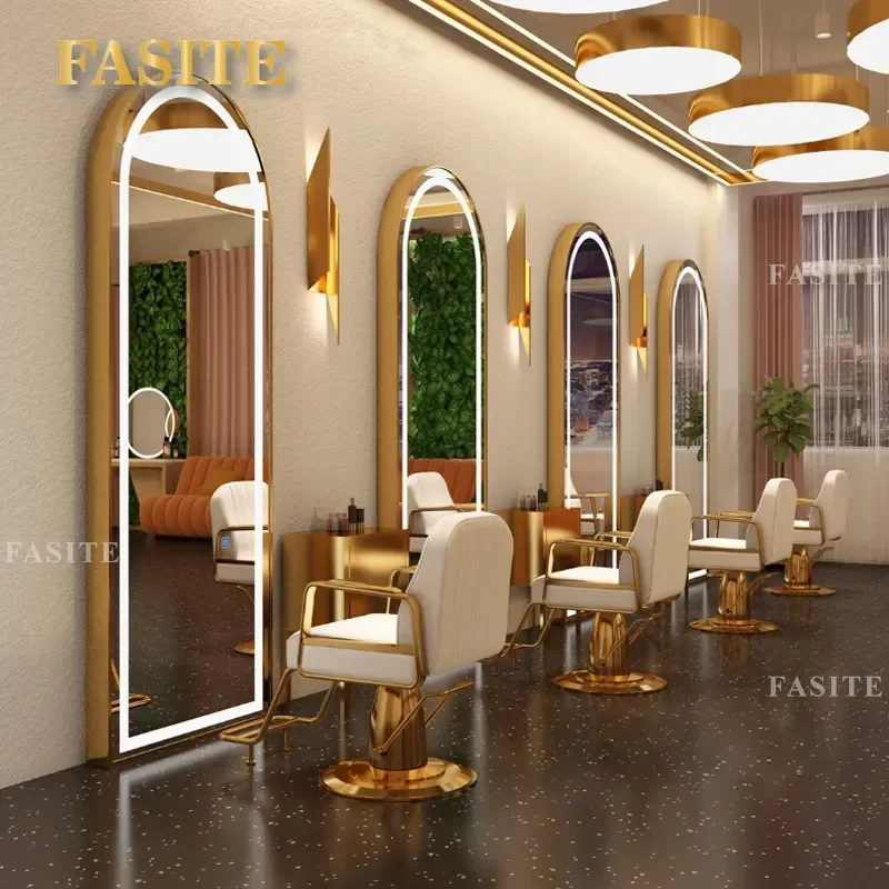 For Hair Double Sided Barber Mirror Table Floor to Ceiling Wall Mounted with Light High End Hair Cutting Station