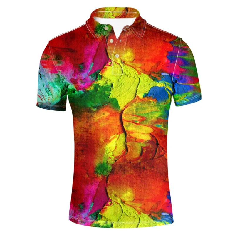 Colorful Pigment 3d Print Polo Shirt For Men Cool Loose Short Sleeves Summer Casual Street Button Lapel Tees Oversized T-Shirt