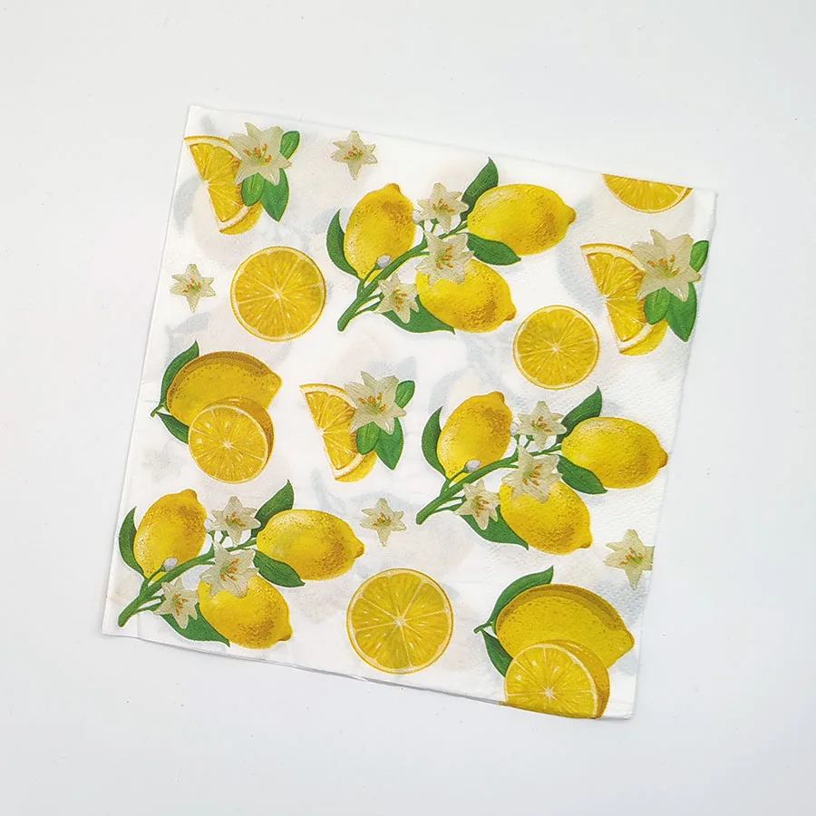 Lemon Pattern Party Napkins 2-Ply 20pcs Summer Wedding Table Decor, Tropical Fruit Paper Napkins for Wine Glass Decoration