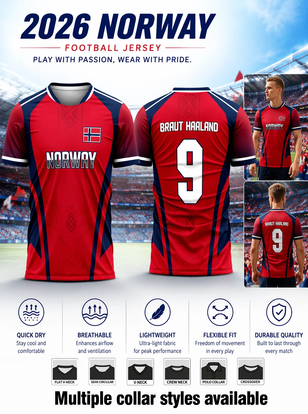 Red‑navy color‑block Norway football jersey with chest national flag and subtle Nordic ethnic print