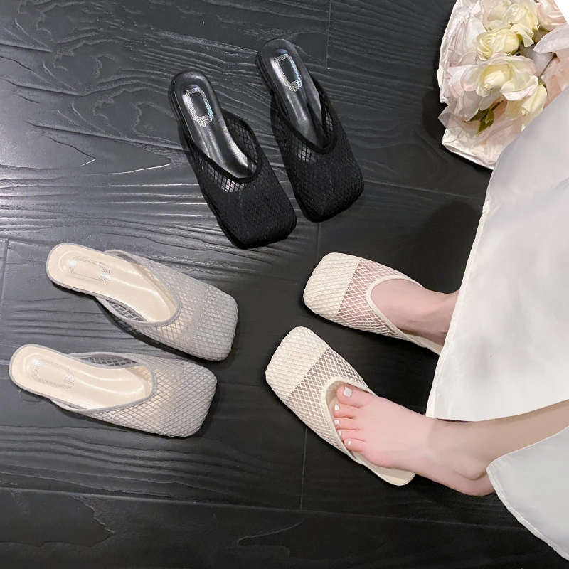 

2026 Summer New Square Cover Toe Fishing Net Women Mules Slippers Fashion Flats Mules Slide Ladies Shoes Zapatos De Mujer