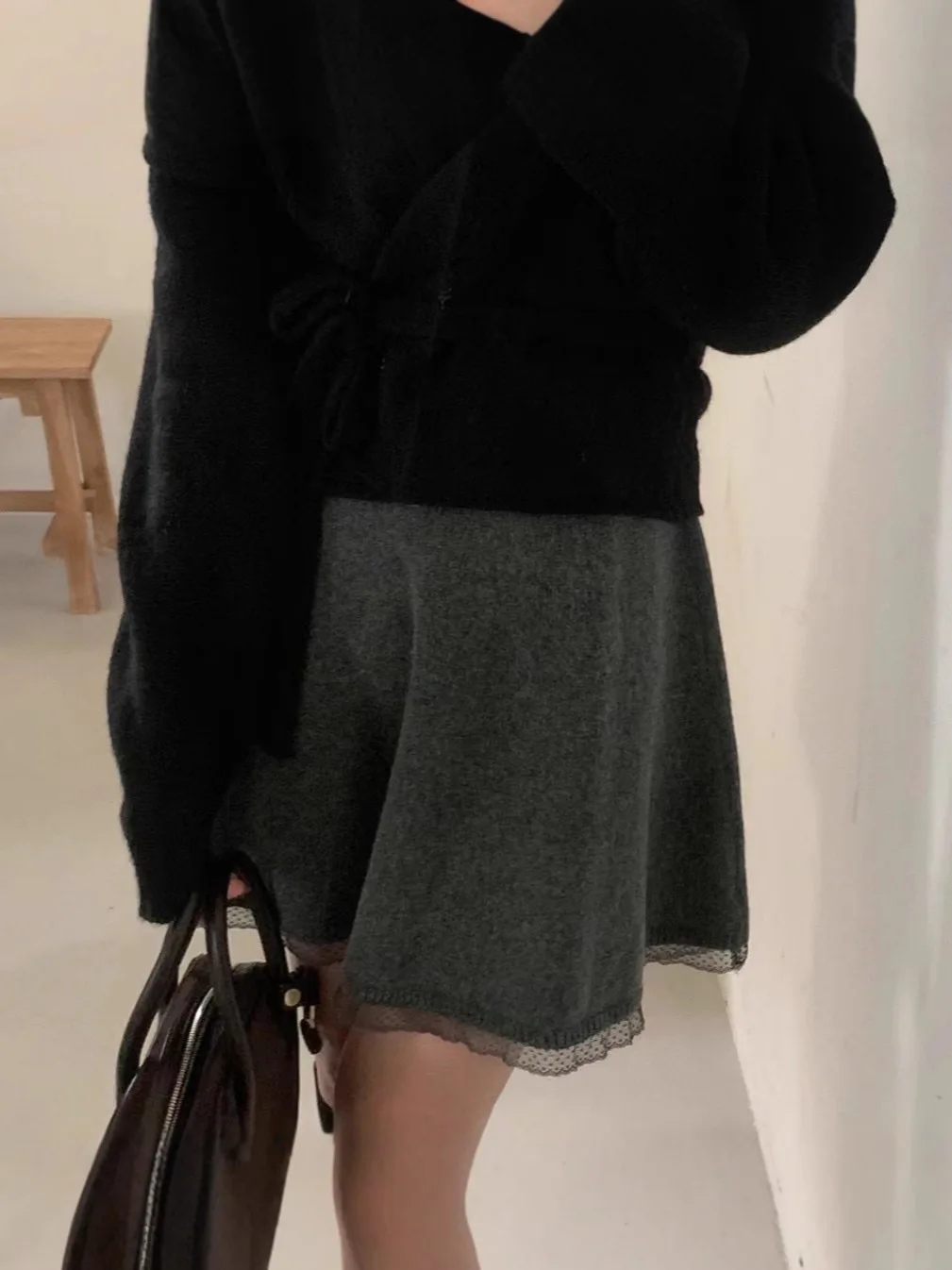 Gonna a trapezio patchwork in pizzo lavorato a maglia a vita alta Gonna da donna che dimagrisce delicata gonna f-lunghezza in maglia Sle Dongda Gate