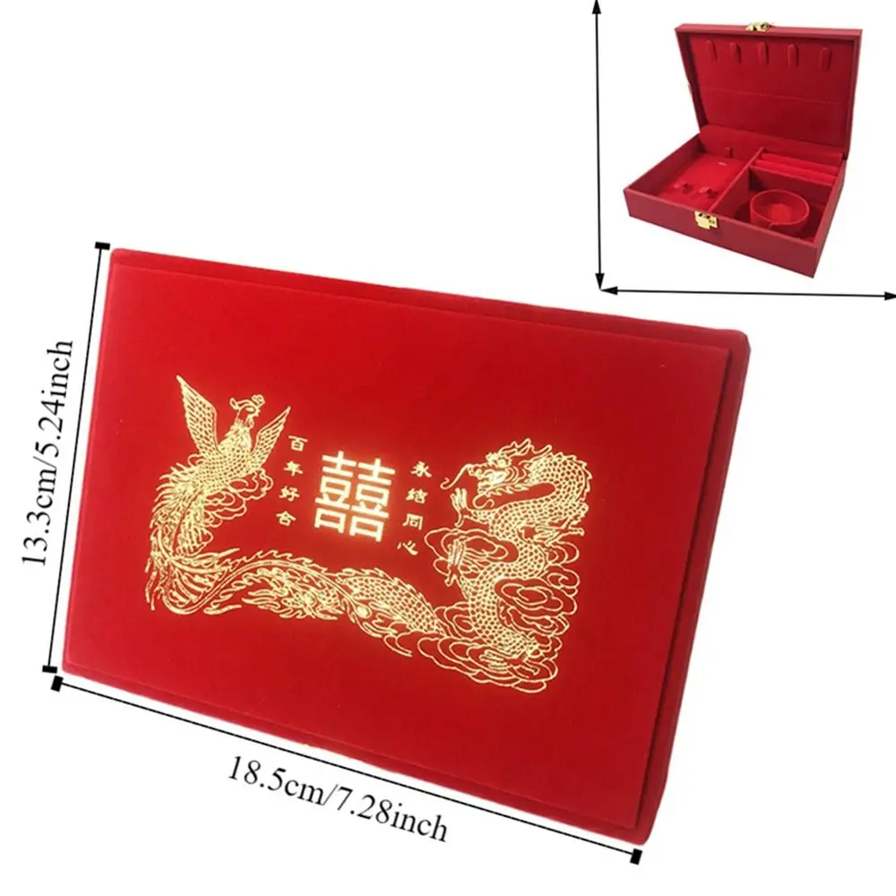 Dragão e fênix conjunto de jóias douradas caixa de armazenamento veludo vermelho pulseira colar presente caso forro macio vintage