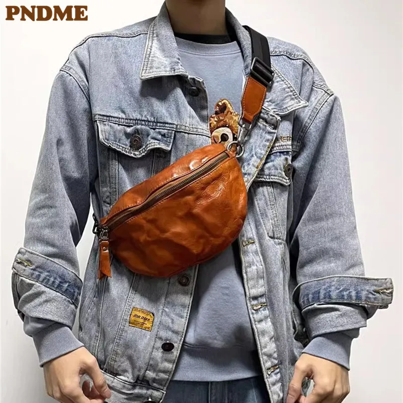 PNDME Fashion Casual Luxury Genuine Leather Men's Small Chest Bag Simple Outdoor Travel Designer Real Cowhide Crossbody Bag