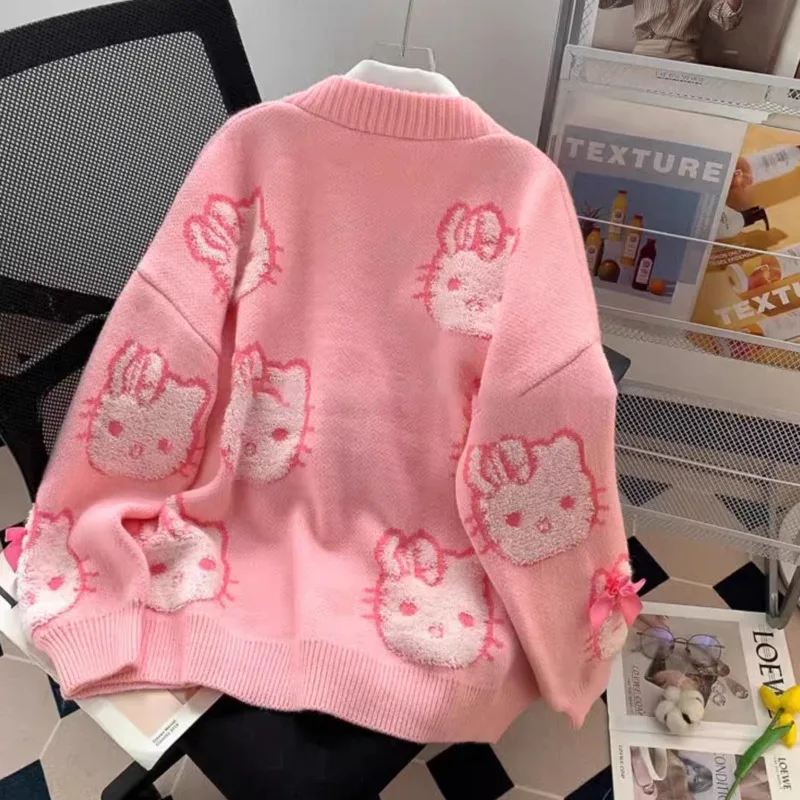 Women\'s Knitwear Clothing Pink Sweet Cute Hello Kitty Cardigan Sweater, Women\'s Spring And Autumn Loose Oversize Knitted Outwear