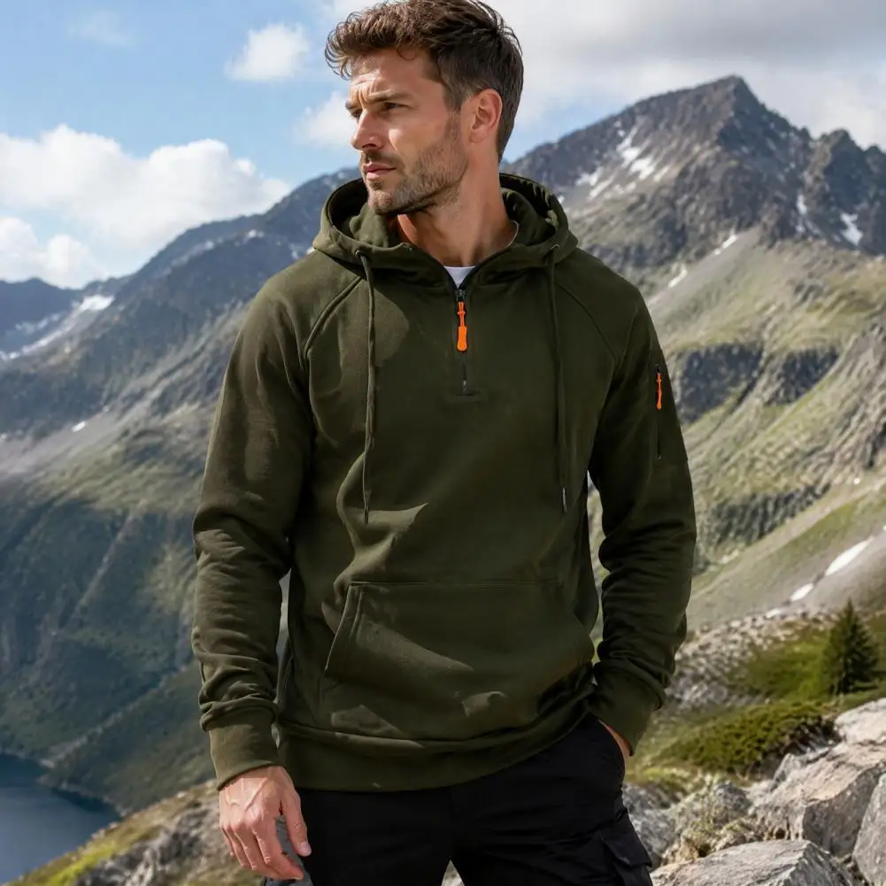 Men's Quarter Zip Up Hoodies, Long Sleeve Hooded Sweatshirt, Casual Fall Pullover Fitness Streetwear with Front Pocket