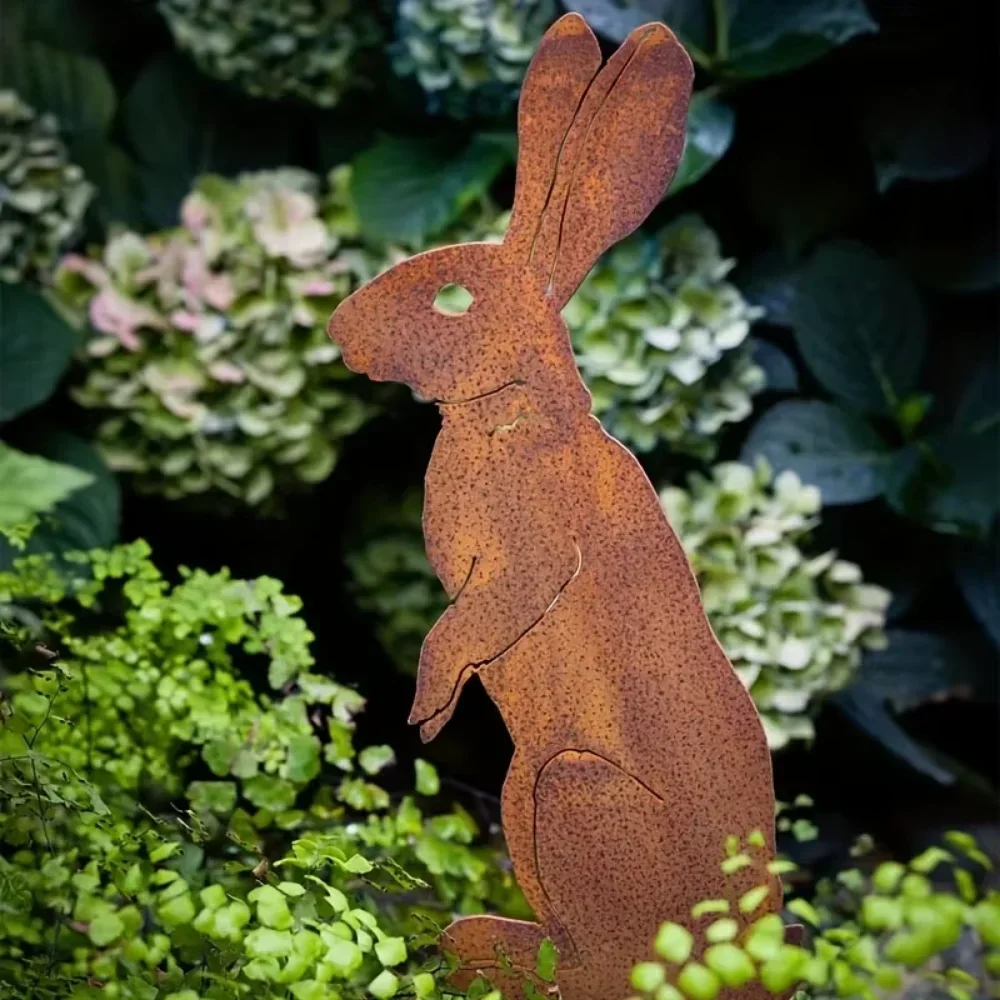 Tiki - Inspired Rustic Metal Rabbit Garden Stake - The Rusty Bunny Silhouette on this Outdoor Yard Art makes it a Great Option