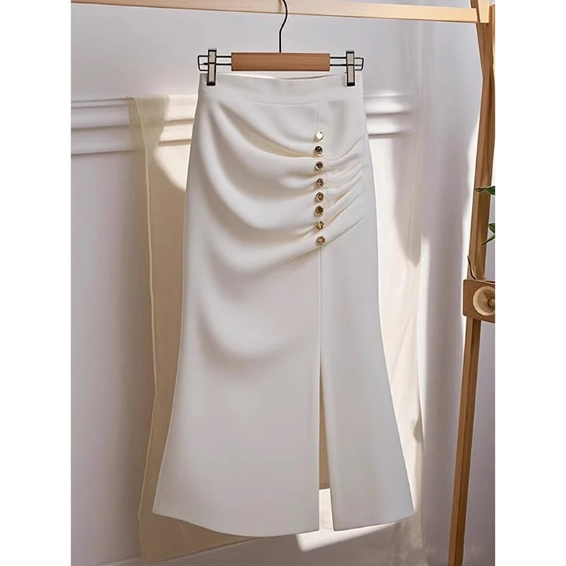 2025 Elegant Commuter White Split Fishtail Skirt Popular High-end A-line Skirt High Waist Beads Slimming Maxi Skirts