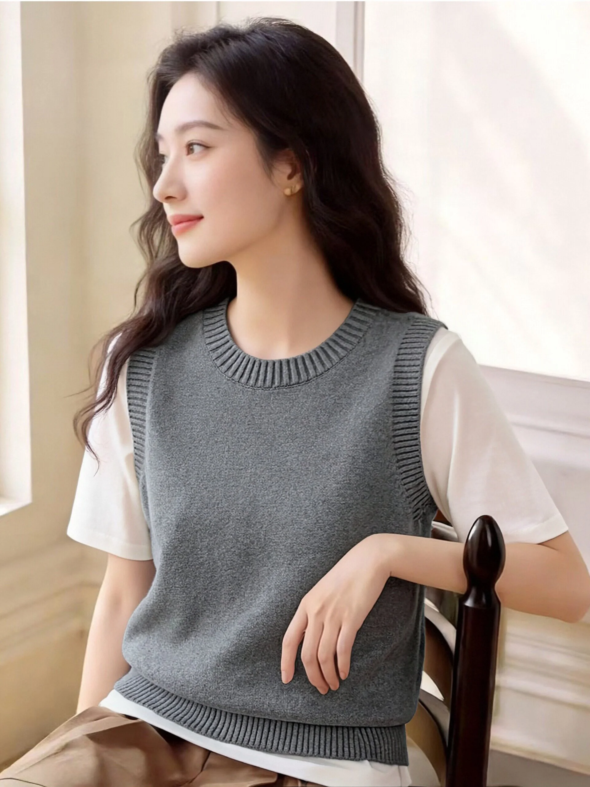 

High-End Cotton Knitted Vest Svel round Ne Layering Commute Sle Comfortable Soft Regular Fit Spring Faion Ladies