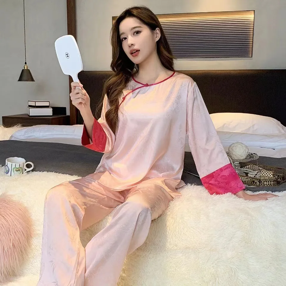 

Пижамный костюм из двух предметов из искусственного шелка, пижамы в китайском стиле, домашняя одежда, женская одежда для сна с принтом, ночная рубашка, повседневная весенняя пижама, комплект для сна