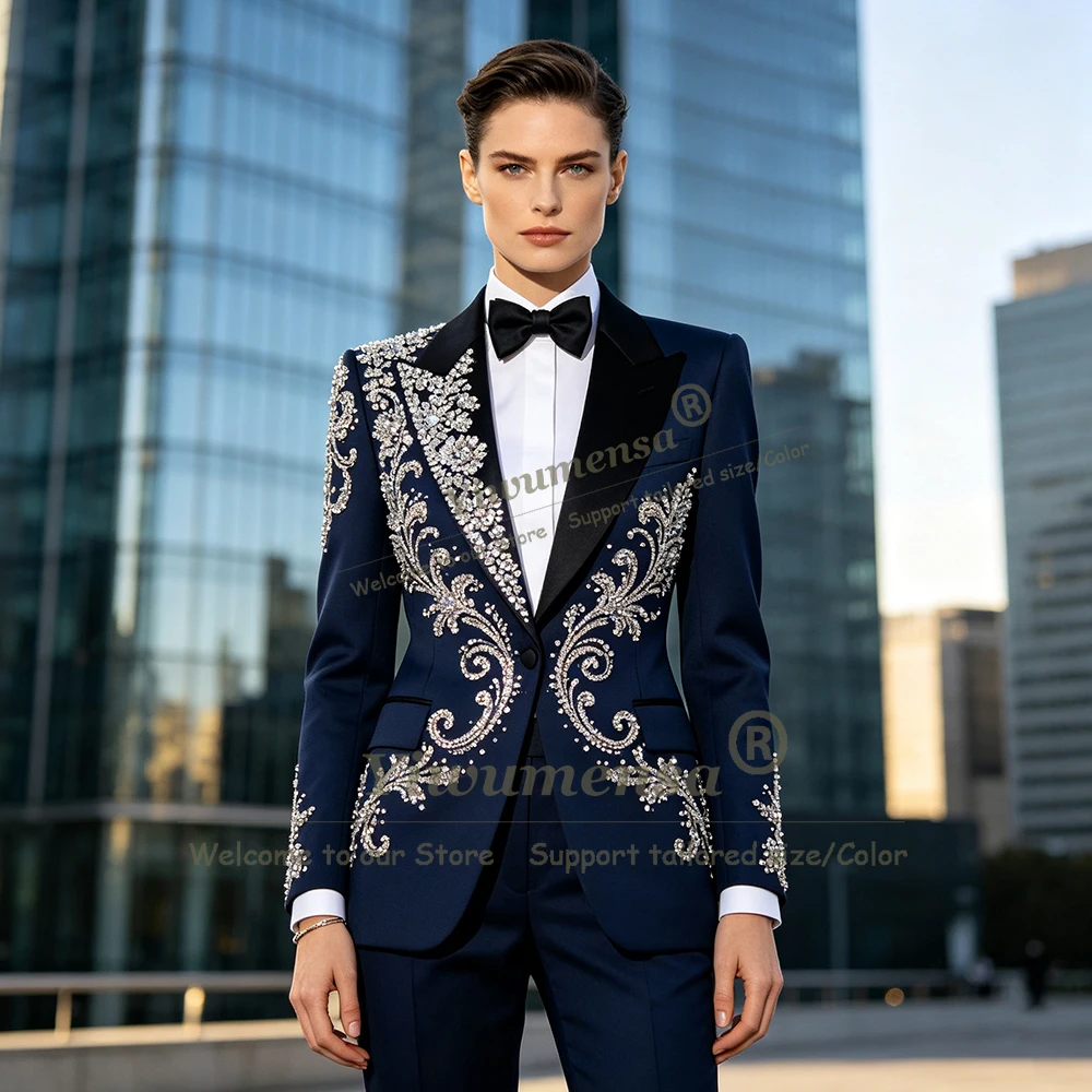 Luxury Crystals Beaded Suit Women 2 Piece Sets Single Breasted Jacket Pants Customized Lady Business Party Tuxedo Female Clothes