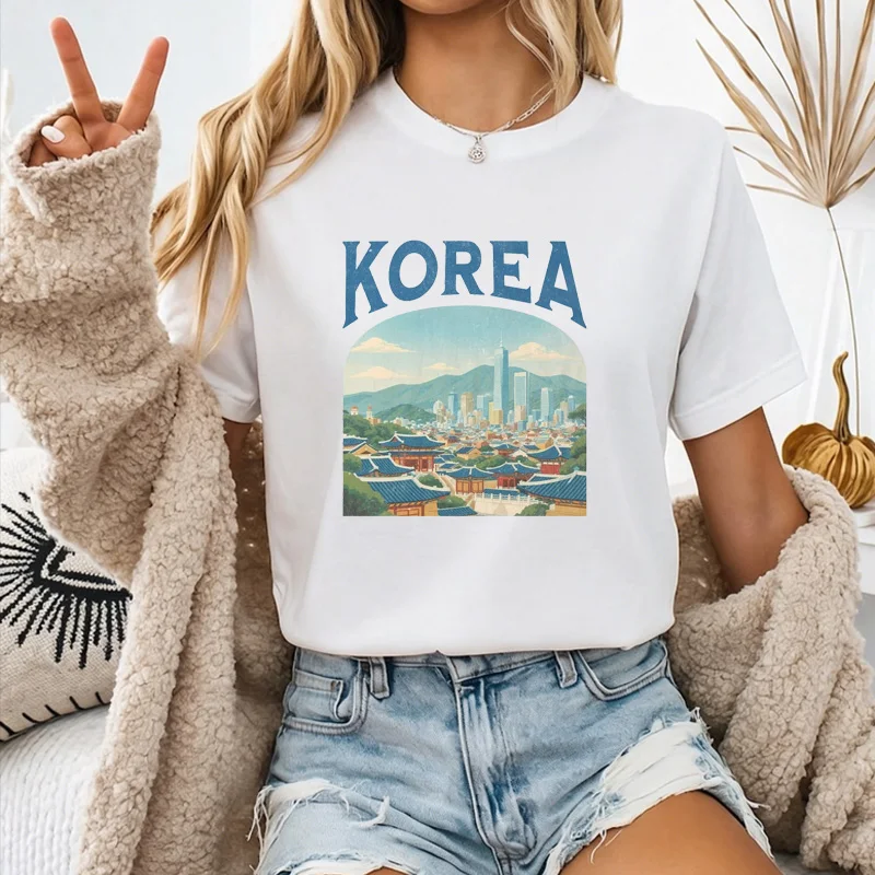 Unisex KOREA Hanok Modern Seoul Mountain Pastel Illustration Graphic T Shirt Korea Mixed Landscape Daily Streetwear Top