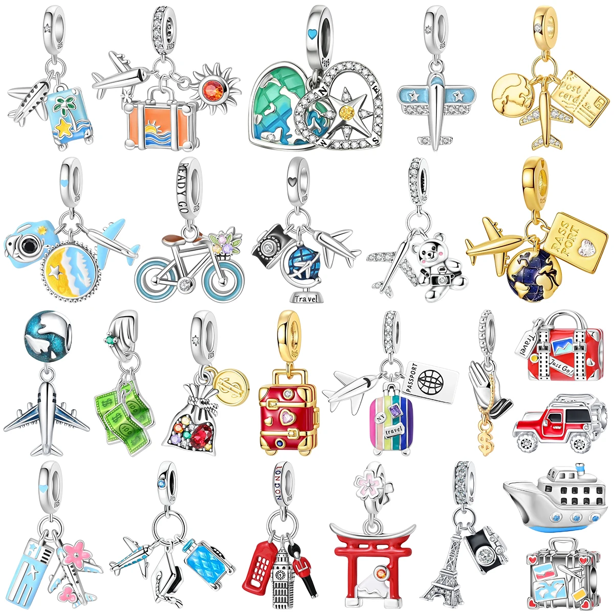 S925 Airplane World Map Globe Vintage Suitcase Passport Plane Landmark Charms Beads Travel Jewelry DIY Component Fit Bracelet