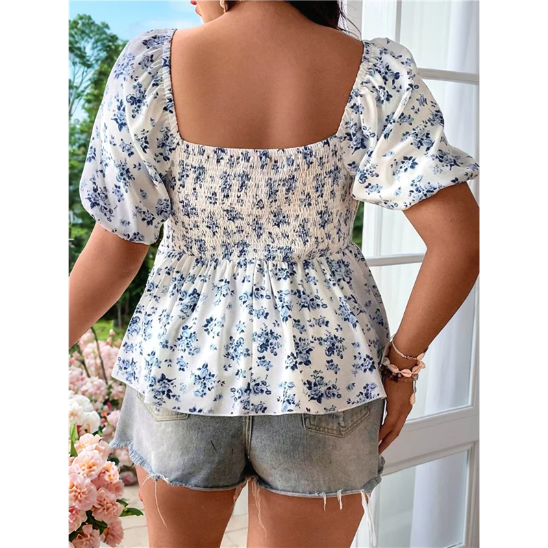 Blusa floral para mujer Boho fruncido cuello cuadrado Puff manga corta camisa de vacaciones Peplum Tops