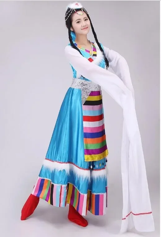 Chiński strój do tańca ludowego Kostium Tybetańska sukienka damska Przedłużający rękaw