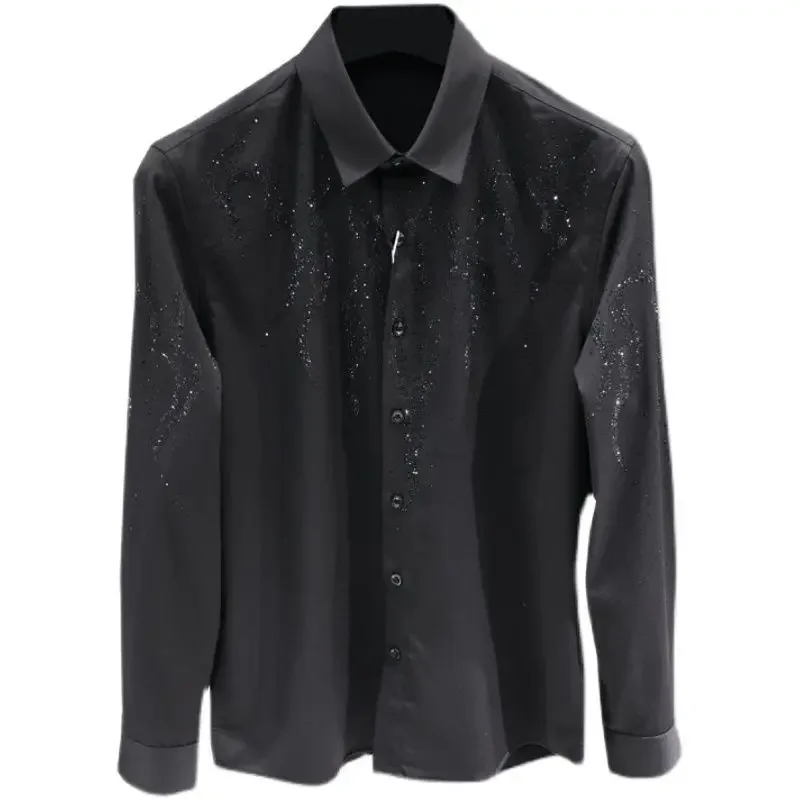 Spring Autumn Solid Diamonds Men's Clothing Shirts American Style POLO Collar Long Sleeve Buttons Loose Chaopai Blouse JJ786