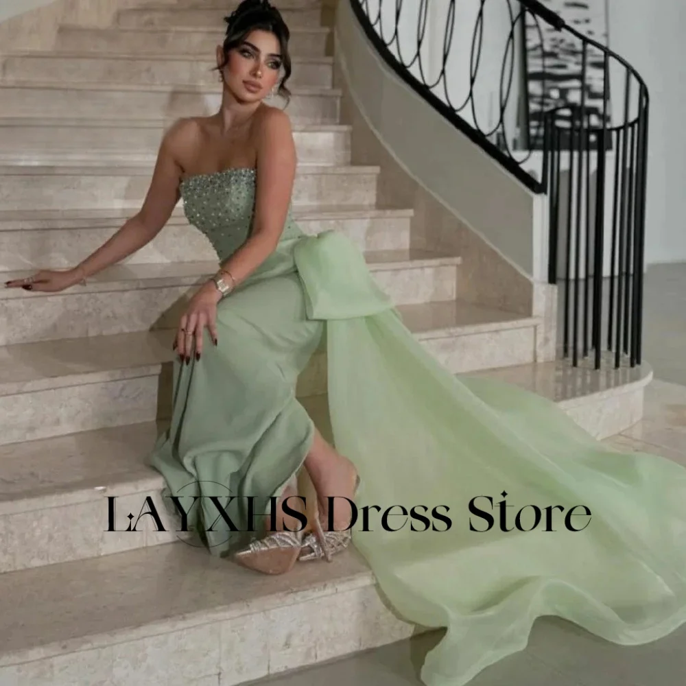 LAYXHS – robe de soirée verte sans bretelles, style sirène, avec traîne Court perlée, robes de bal personnalisées