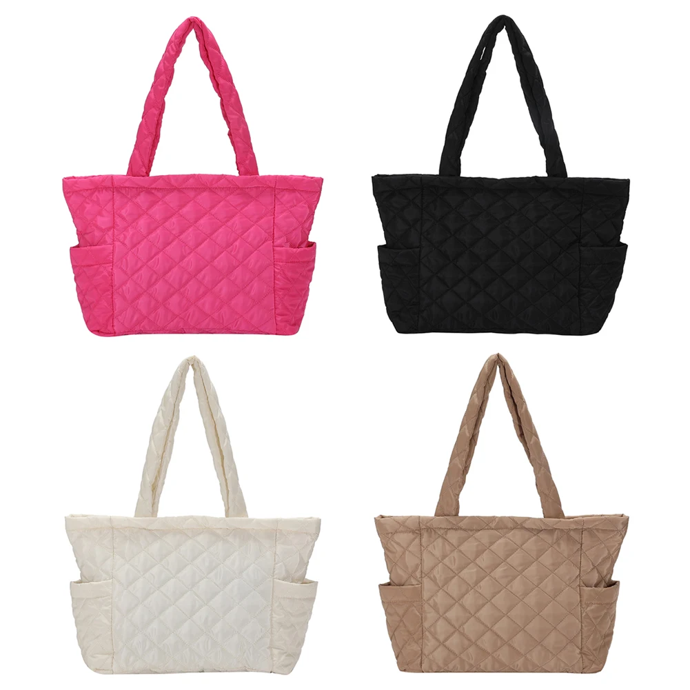 

Autumn Winter Shopper Bag Rhombus Pattern Cotton Padded Shoulder Tote Large Solid Zipper Travel Purse for Women Girl