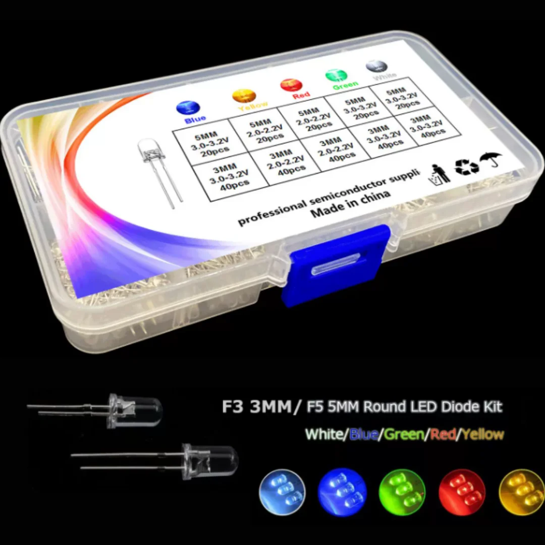 300-piece Set of Transparent 3mm/5mm White-lead LED Diode Beads in 5 Colors: Blue, Yellow, Red, Green and White