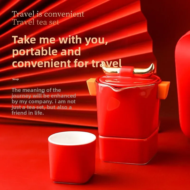 Red Express Cup Portable Travel Tea Set Including 1 Teapot and 2 Teacups Mini Ceramic Tea Brewing Cups for Camping and Outdoor