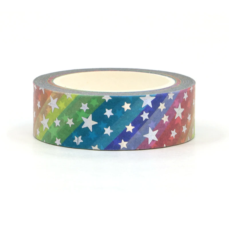 1PC. 10M Deco Silver Foil Rainbow Stars Washi Tape for Planner Scrapbooking Adhesive Stickers Masking Tape Cute Kawaii Papeleria