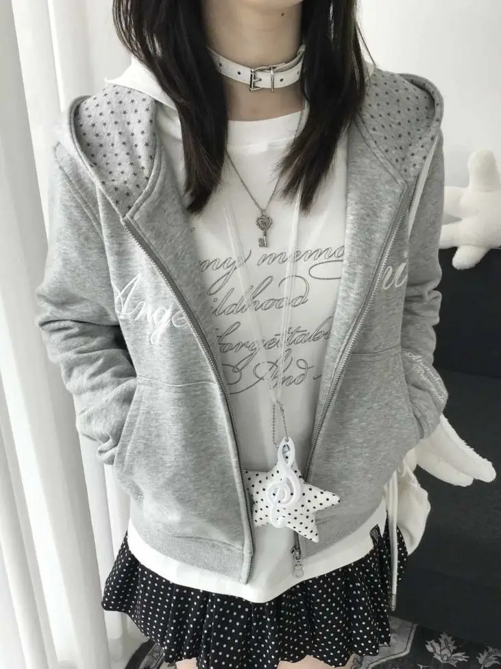 

Onalippa 2025 New Korean Star Print Embroidered Letter Cardigan Hooded Sweatshirt Slim Fit Versatile Small Jacket Top Women
