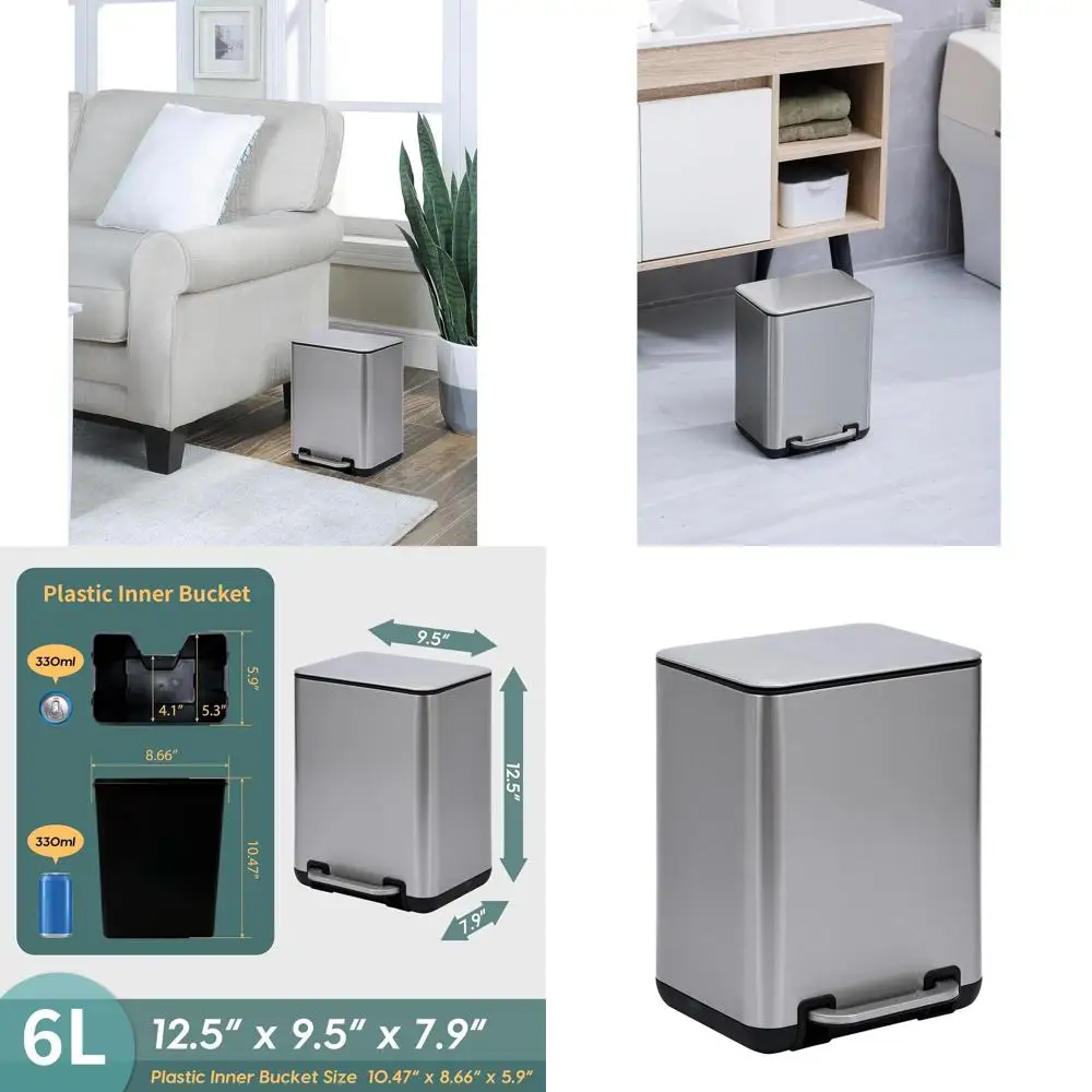 

6L Step-On Trash Bin with Slow-Close Lid, Suitable for Bathroom, Office, Kitchen & Bedroom