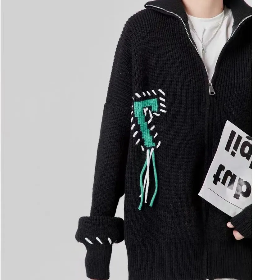 Hsa Retro Streetwear Zip Up Knitted Cardigan Women Harajuku Hippie Embroidery Oversized Sweater Long Sleeve Tops Jacket Y2K