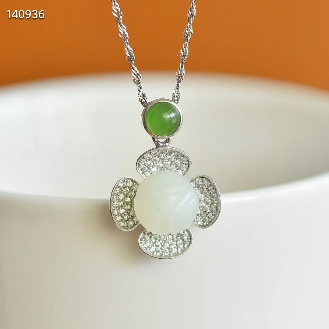 New Natural100%real Sterling Silver necklace mosaic white hetian jade beads flower pendant jewellery for woman gifts Bless peace