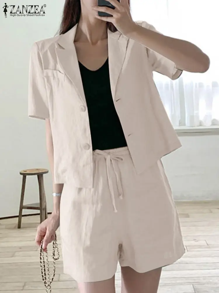 ZANZEA Fashion Tracksuit Summer Elegant Matching Sets 2PCS Short Sleeve Shirt Shorts Woman Casual Solid Suit Oversized