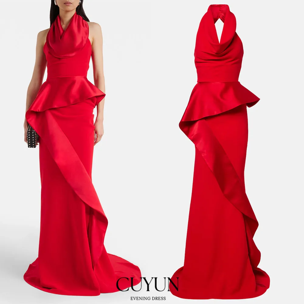 

CUYUN Customized Red Halter Evening Gown Floor-Length Mermaid Backless Formal Event Dresses Modern Party Gown 2026 New