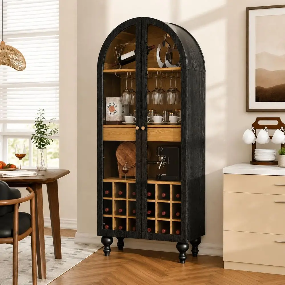 ern armArched ar Cainet, 71'' Tall Wine Cainet with uilt-in Stemware Rack & Glass Door, lack Arched Wine Cainet with Stora, LarL