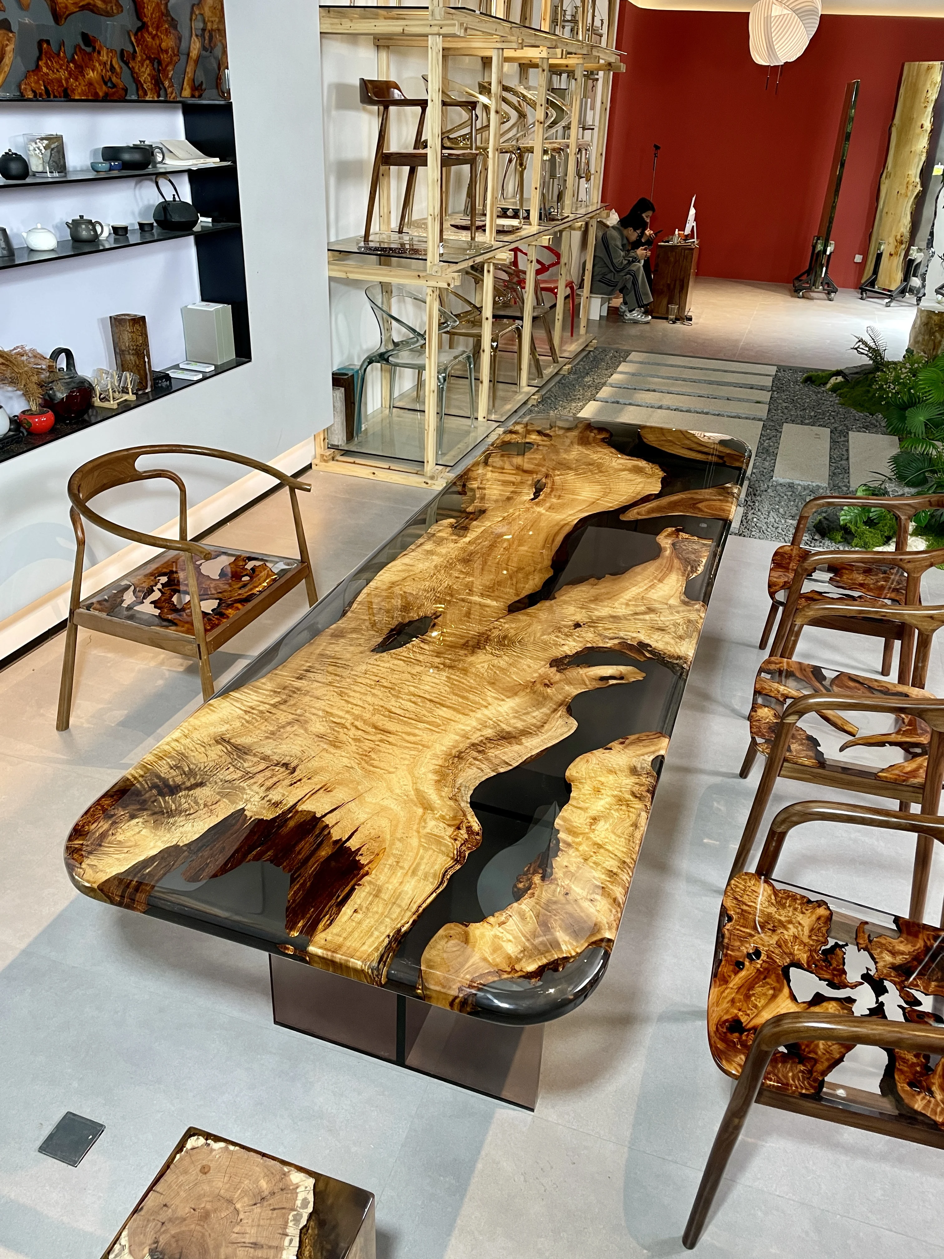 Modern exquisite river theme dining table set, epoxy design resin furniture kitchen hotel or apartment