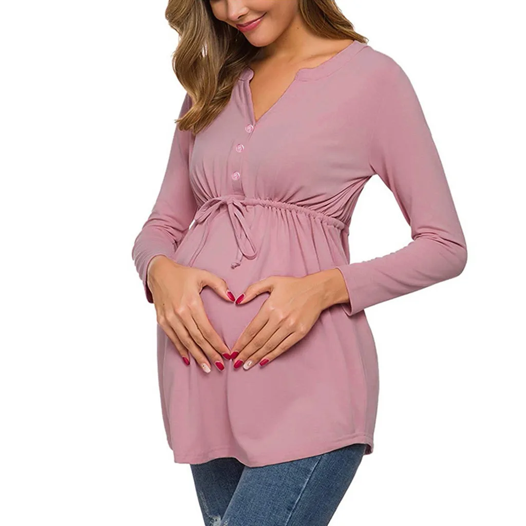 New Maternity Breastfeeding T Shirt Spring Autumn V Neck Solid Color Long Sleeve Plus Size Breastfeeding Top Maternity Wear