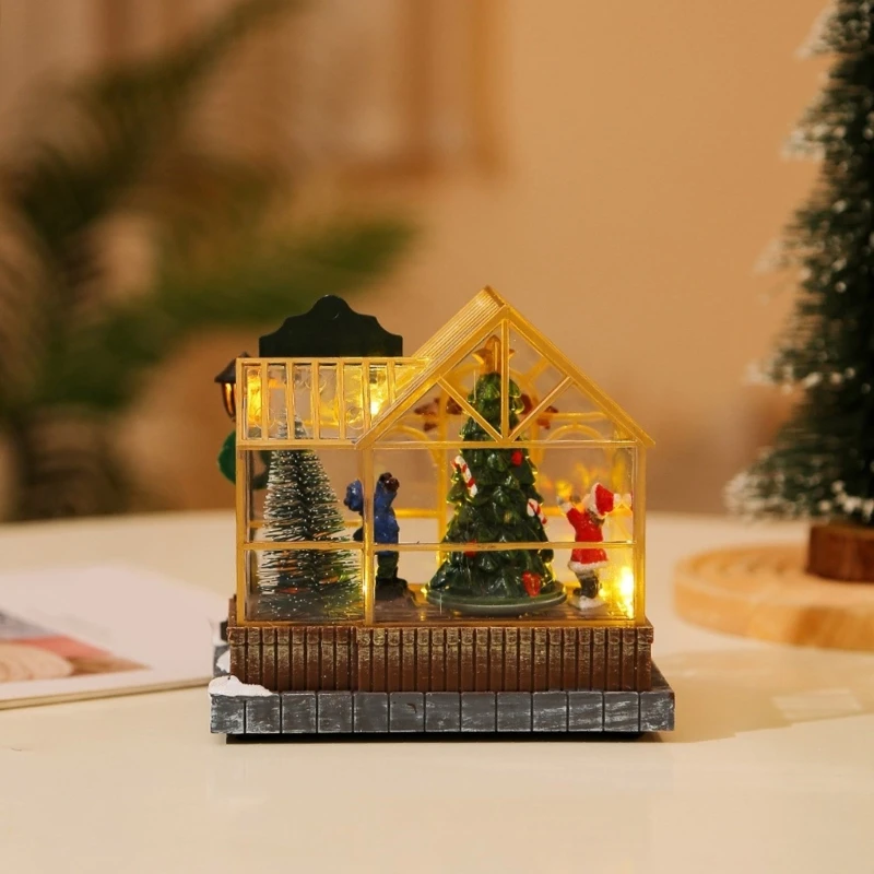 Christmas Musical Light Up Village House Resin Ornament with LED Light Rotating Tree Figurines Holiday Table Decoration