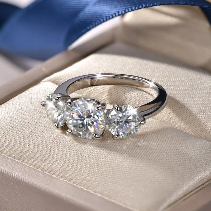 Rrjzz Certified Round Cut 4CT 3 Stone Moissanite Engagement Ring D Color VVS1 Lab Created Imitation Diamond Anniversary Ring