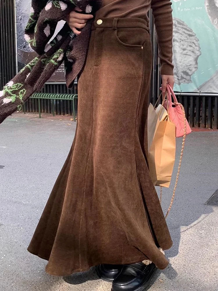 

Винтажные вельветовые женские юбки-миди Y2K, осень-зима, толстая теплая юбка «рыбий хвост», женская уличная одежда с высокой талией, универсальная юбка трапециевидной формы