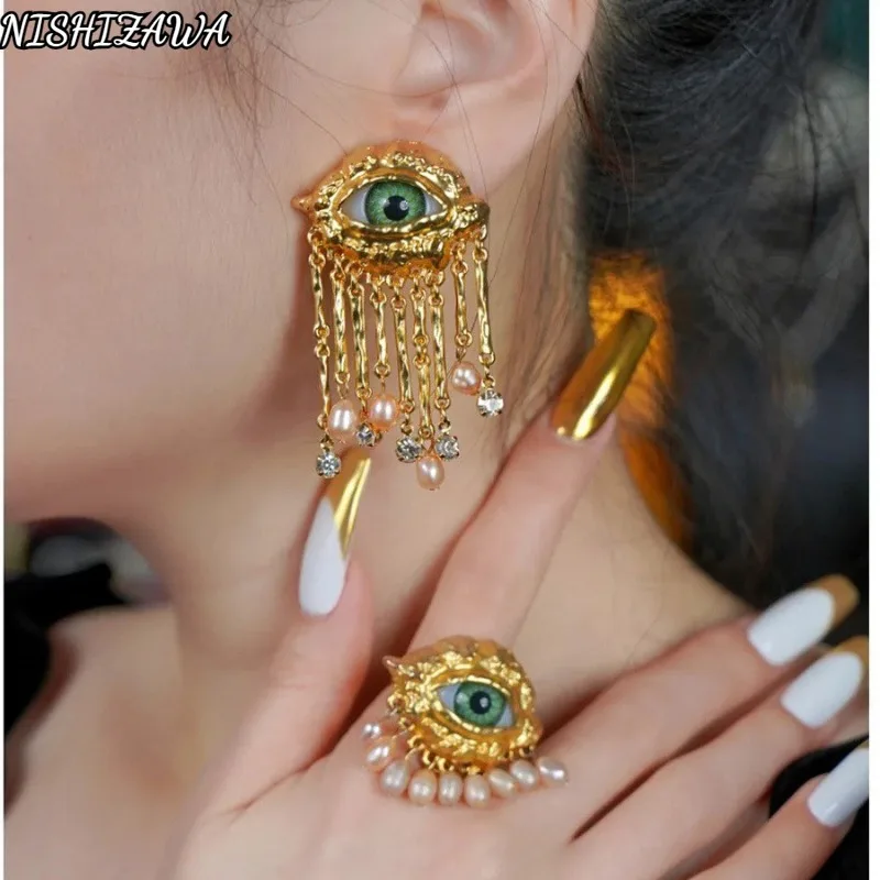 NISHIZAWA Tassels Pearls Earrings for Women Medieval Palace Style Hyperbole Jewelry Luxury Fashion Eye Retro Aretes De Mujer