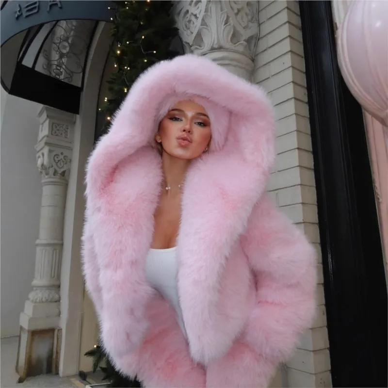 

НОВИНКА: Женская шуба с капюшоном из искусственного меха, розовая, модель 2026 года